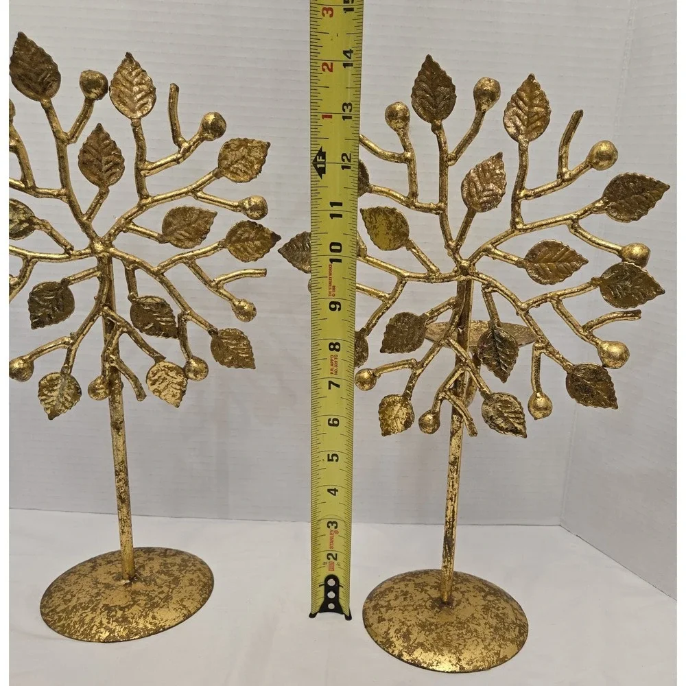 Pair of Intricate Vintage Gold Metal Tree of Life Candle Holders - Read Descrip